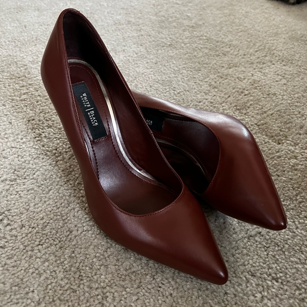 White House | Black Market Caramel Leather Point Toe Pumps